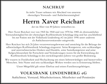 Traueranzeige von Xaver Reichart von Der Westallgäuer