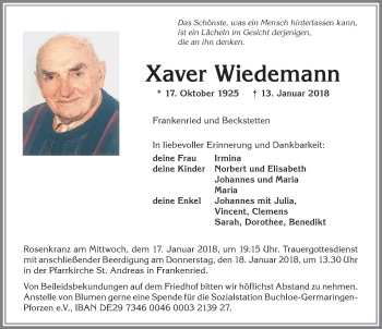 Traueranzeige von Xaver Wiedemann von Allgäuer Zeitung, Kaufbeuren/Buchloe