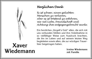 Traueranzeige von Xaver Wiedemann von Allgäuer Zeitung, Kaufbeuren/Buchloe
