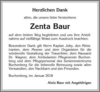 Traueranzeige von Zenta Baur von Allgäuer Zeitung,Kempten