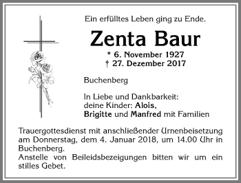 Traueranzeige von Zenta Baur von Allgäuer Zeitung,Kempten