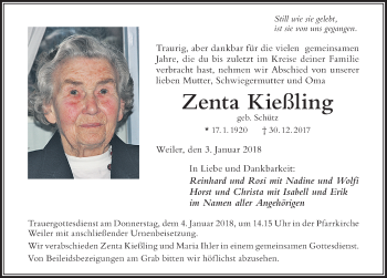 Traueranzeige von Zenta Kießling von Der Westallgäuer