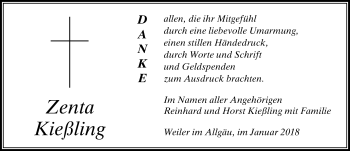 Traueranzeige von Zenta Kießling von Der Westallgäuer