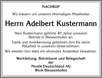 Traueranzeige von Adelbert Kustermann von Allgäuer Zeitung