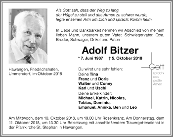 Traueranzeige von Adolf Bitzer von Memminger Zeitung