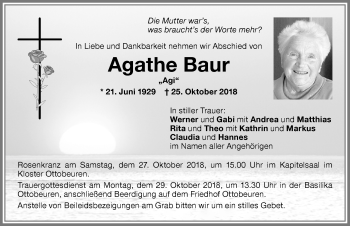 Traueranzeige von Agathe Baur von Memminger Zeitung