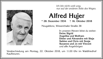 Traueranzeige von Alfred Hujer von Allgäuer Zeitung, Kaufbeuren/Buchloe