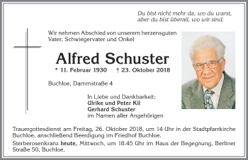 Traueranzeige von Alfred Schuster von Allgäuer Zeitung, Kaufbeuren/Buchloe