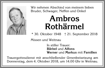 Traueranzeige von Ambros Rothärmel von Allgäuer Zeitung,Kempten