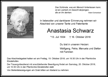 Traueranzeige von Anastasia Schwarz von Der Westallgäuer