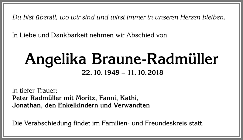  Traueranzeige für Angelika Braune-Radmüller vom 20.10.2018 aus Allgäuer Zeitung, Kaufbeuren/Buchloe