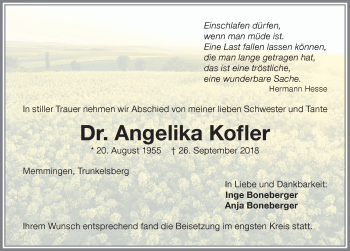 Traueranzeige von Angelika Kofler von Memminger Zeitung
