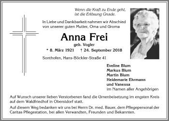 Traueranzeige von Anna Frei von Allgäuer Anzeigeblatt
