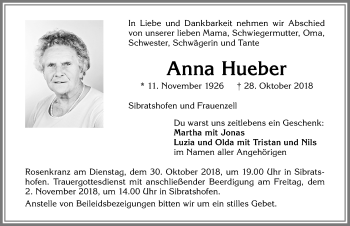 Traueranzeige von Anna Hueber von Allgäuer Zeitung,Kempten