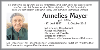 Traueranzeige von Annelies Mayer von Allgäuer Zeitung