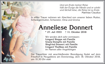 Traueranzeige von Anneliese Donnert von Allgäuer Zeitung, Kaufbeuren/Buchloe