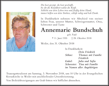 Traueranzeige von Annemarie Bundschuh von Der Westallgäuer