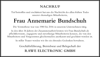 Traueranzeige von Annemarie Bundschuh von Der Westallgäuer