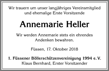 Traueranzeige von Annemarie Heller von Allgäuer Zeitung, Füssen