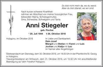 Traueranzeige von Anni Stiegeler von Memminger Zeitung