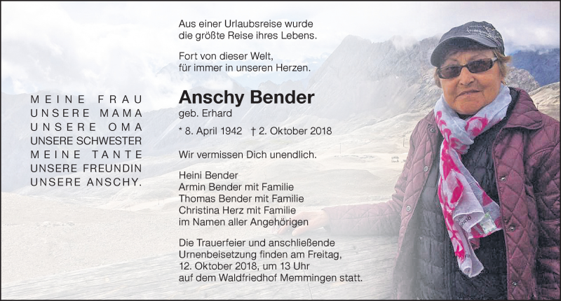  Traueranzeige für Anschy Bender vom 10.10.2018 aus Memminger Zeitung