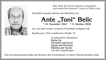 Traueranzeige von Ante Belic von Allgäuer Zeitung, Kaufbeuren/Buchloe