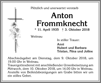 Traueranzeige von Anton Frommknecht von Allgäuer Zeitung,Kempten