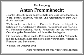Traueranzeige von Anton Frommknecht von Allgäuer Zeitung,Kempten