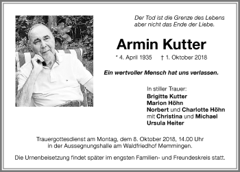 Traueranzeige von Armin Kutter von Memminger Zeitung