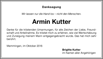 Traueranzeige von Armin Kutter von Memminger Zeitung