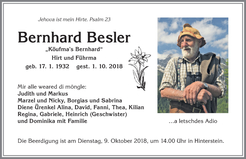 Traueranzeige für Bernhard Besler vom 06.10.2018 aus Allgäuer Anzeigeblatt