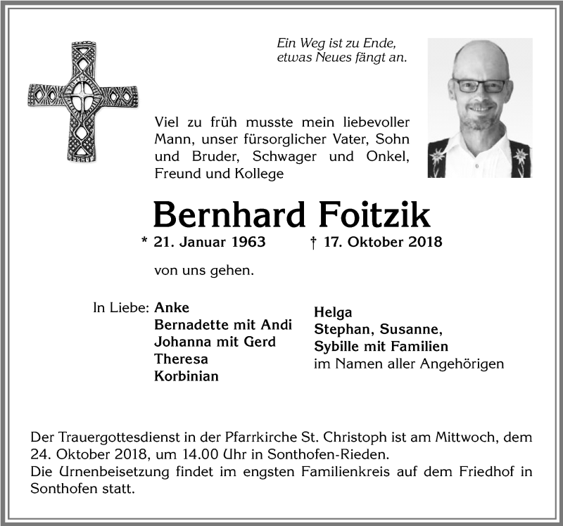  Traueranzeige für Bernhard Foitzik vom 20.10.2018 aus Allgäuer Anzeigeblatt