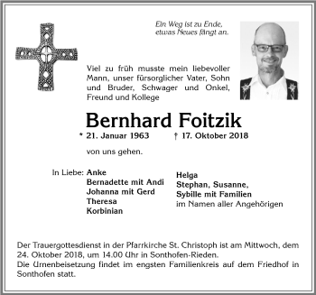 Traueranzeige von Bernhard Foitzik von Allgäuer Anzeigeblatt