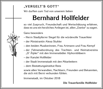 Traueranzeige von Bernhard Hollfelder von Allgäuer Anzeigeblatt