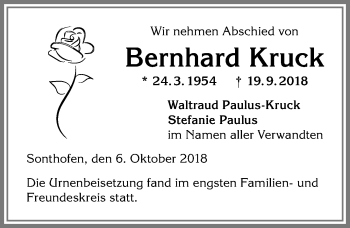 Traueranzeige von Bernhard Kruck von Allgäuer Anzeigeblatt