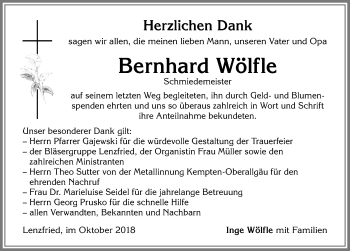 Traueranzeige von Bernhard Wölfle von Allgäuer Zeitung,Kempten