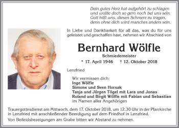 Traueranzeige von Bernhard Wölfle von Allgäuer Zeitung,Kempten