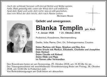 Traueranzeige von Blanka Templin von Allgäuer Zeitung,Kempten