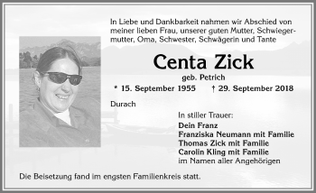 Traueranzeige von Centa Zick von Allgäuer Zeitung,Kempten