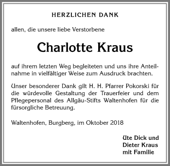 Traueranzeige von Charlotte Kraus von Allgäuer Anzeigeblatt