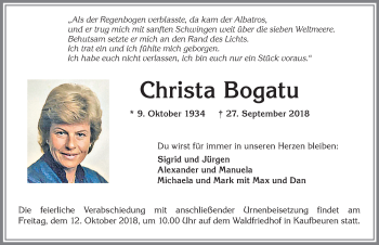 Traueranzeige von Christa Bogatu von Allgäuer Zeitung, Kaufbeuren/Buchloe