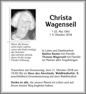 Traueranzeige von Christa Wagenseil von Memminger Zeitung