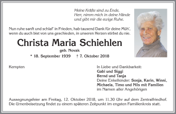 Traueranzeige von Christa Maria Schiehlen von Allgäuer Zeitung,Kempten