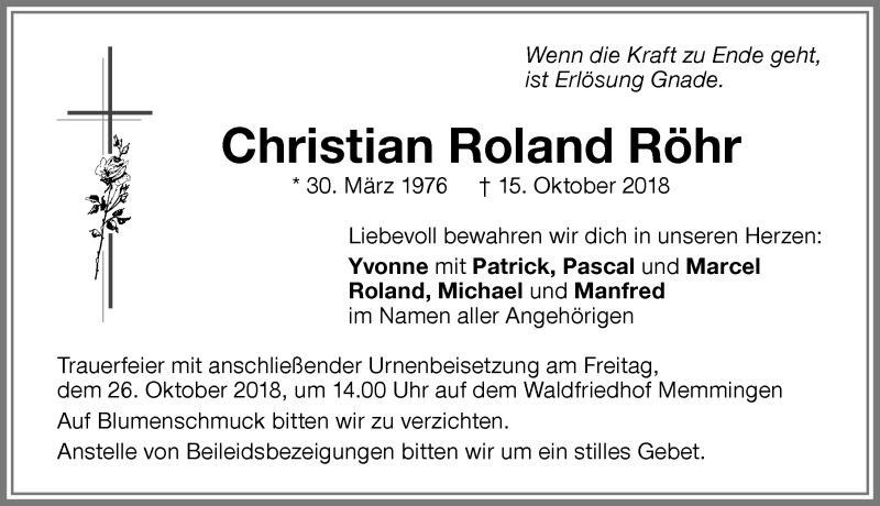  Traueranzeige für Christian Roland Röhr vom 23.10.2018 aus Memminger Zeitung