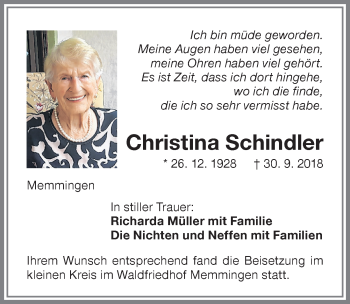 Traueranzeige von Christina Schindler von Memminger Zeitung