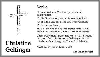 Traueranzeige von Christine Geltinger von Allgäuer Zeitung, Kaufbeuren/Buchloe