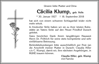Traueranzeige von Cäcilia Klump von Allgäuer Zeitung,Kempten