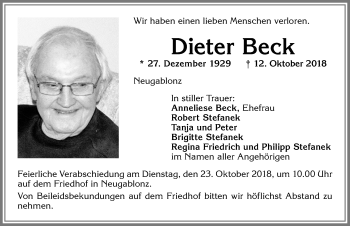 Traueranzeige von Dieter Beck von Allgäuer Zeitung, Kaufbeuren/Buchloe