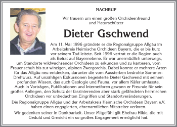 Traueranzeige von Dieter Gschwend von Allgäuer Zeitung