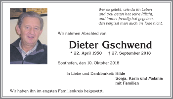 Traueranzeige von Dieter Gschwend von Allgäuer Anzeigeblatt